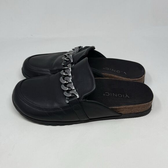 Vionic Georgie Mules Womens 8 Black Leather Silver Chain Slip On Comfort Flats - Picture 4 of 15